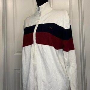 Tommy Hilfiger Zip Up Knit Sweater | White Stripe | Vintage Men's L